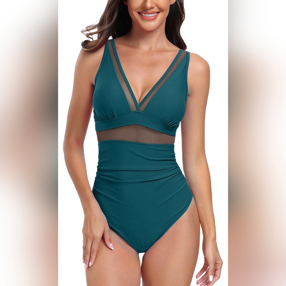 New Teal Tommy Control One-Piece Swimsuit with Mesh Detail